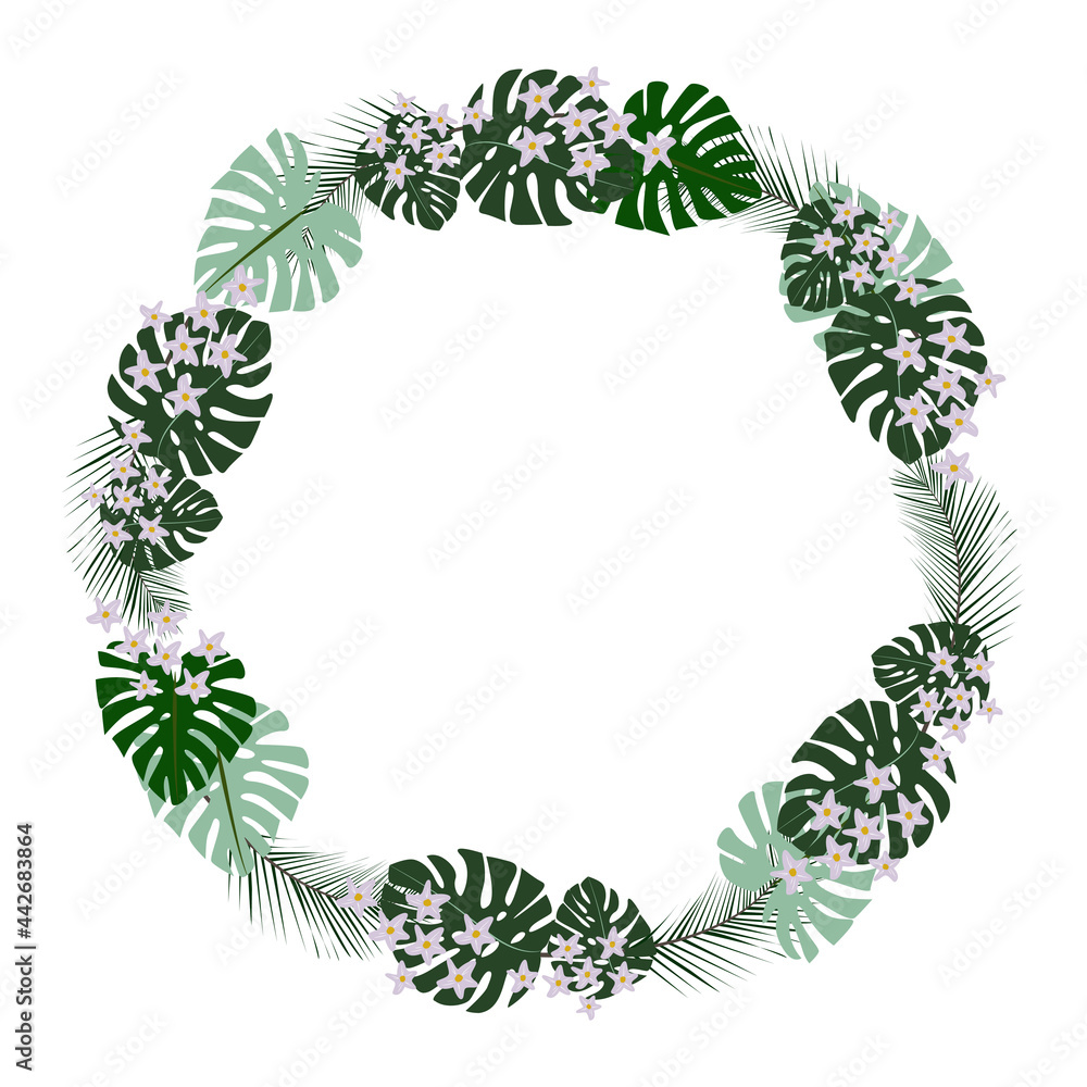 Exotic round frame made of tropical plants, green leaves and lilac flowers, vector illustration Exotic round frame made of tropical plants, green leaves and lilac flowers, vector illustration