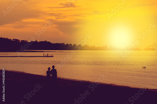 silhouette of couple looking at the sea on the beach in sunset