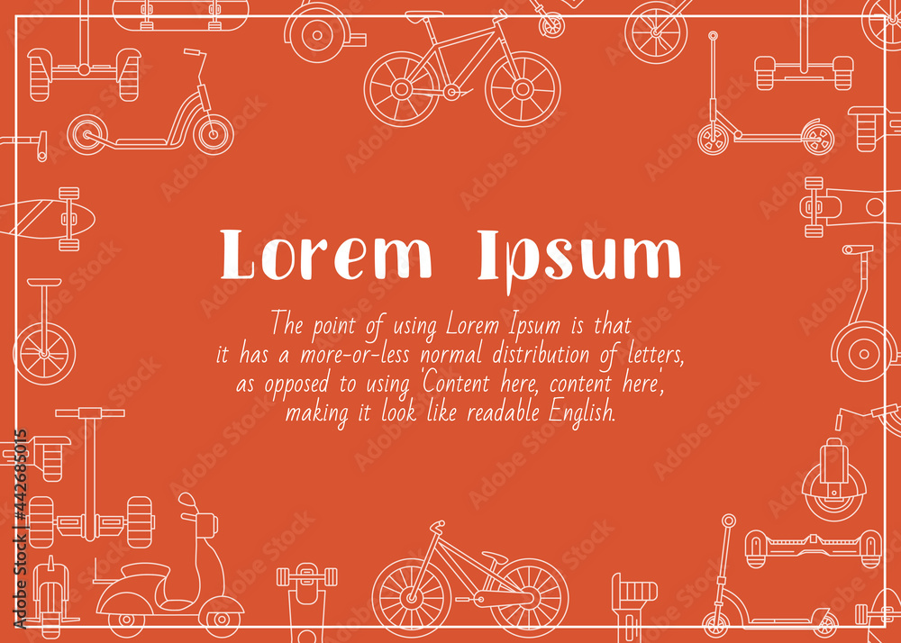 Fototapeta premium Electric transport - horizontal card with text and vector outline illustrations of scooter, skate, skateboard and bike for graphic design