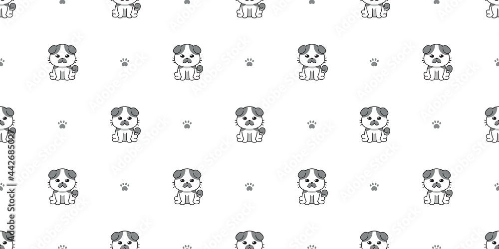 Vector cartoon character cute cat seamless pattern background for design.