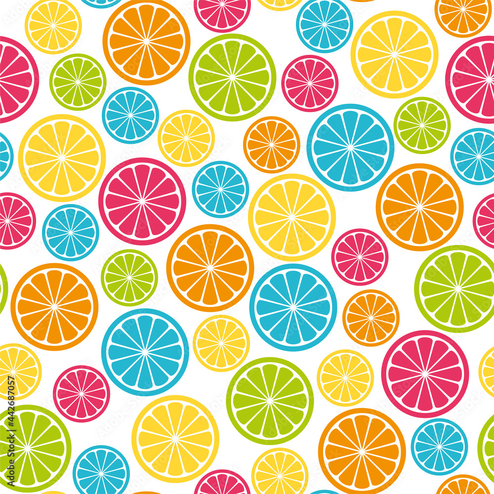 Brihgt seamless pattern with abstract colourfull citrus slices. Summer fresh fruits, vitamins. Vector illustration, background, wallpaper, texture for fabric, textile, packaging