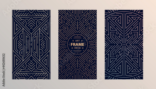 Vector set of monogram design in trendy vintage and mono line style with space for text - abstract geometric frames, luxury packaging templates. Use for ad, poster, card, cover, stories