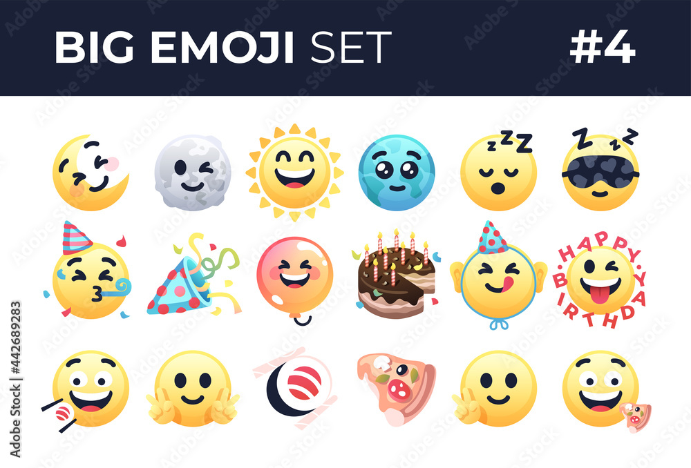 Emoji smiles emoticons set isolated. Yellow faces with different funny emotions. Simple modern design icons. Chat elements. UI, UX for mobile app, social media or web. Flat style vector illustration. Emoji smiles emoticons set isolated. Yellow faces with different funny emotions. Simple modern design icons. Chat elements. UI, UX for mobile app, social media or web. Flat style vector illustration.