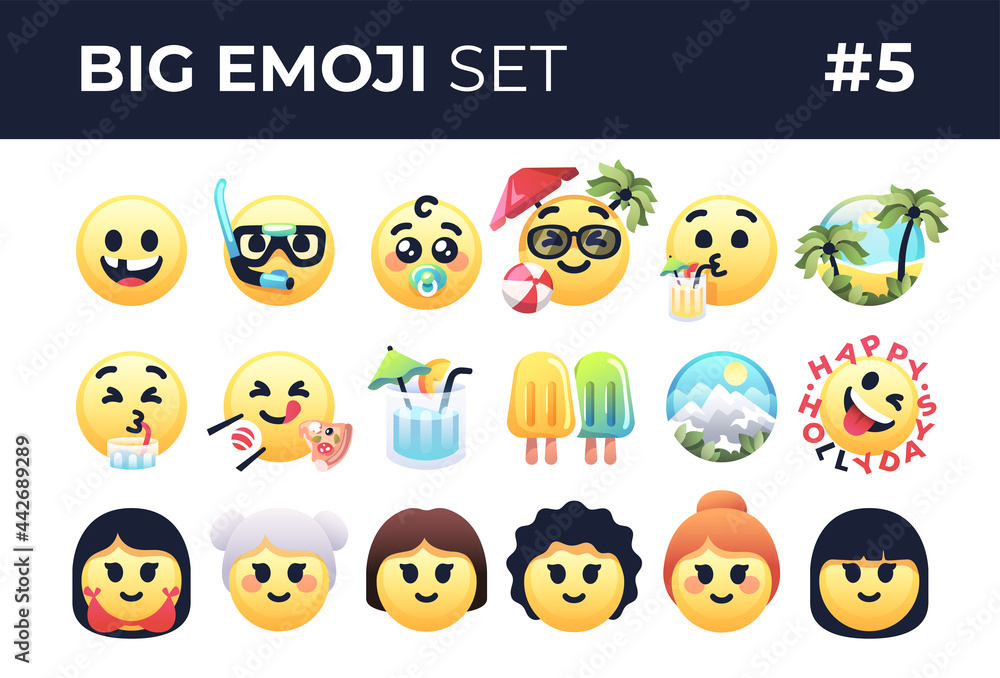 Emoji smiles emoticons set isolated. Yellow faces with different funny emotions. Simple modern design icons. Chat elements. UI, UX for mobile app, social media or web. Flat style vector illustration.