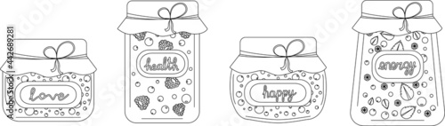 Glass jar of berry jam. Vector one line illustration. Line art