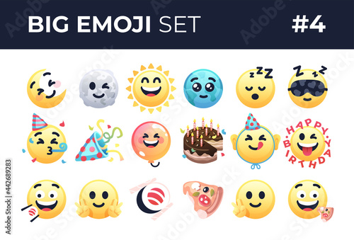 Emoji smiles emoticons set isolated. Yellow faces with different funny emotions. Simple modern design icons. Chat elements. UI, UX for mobile app, social media or web. Flat style vector illustration.