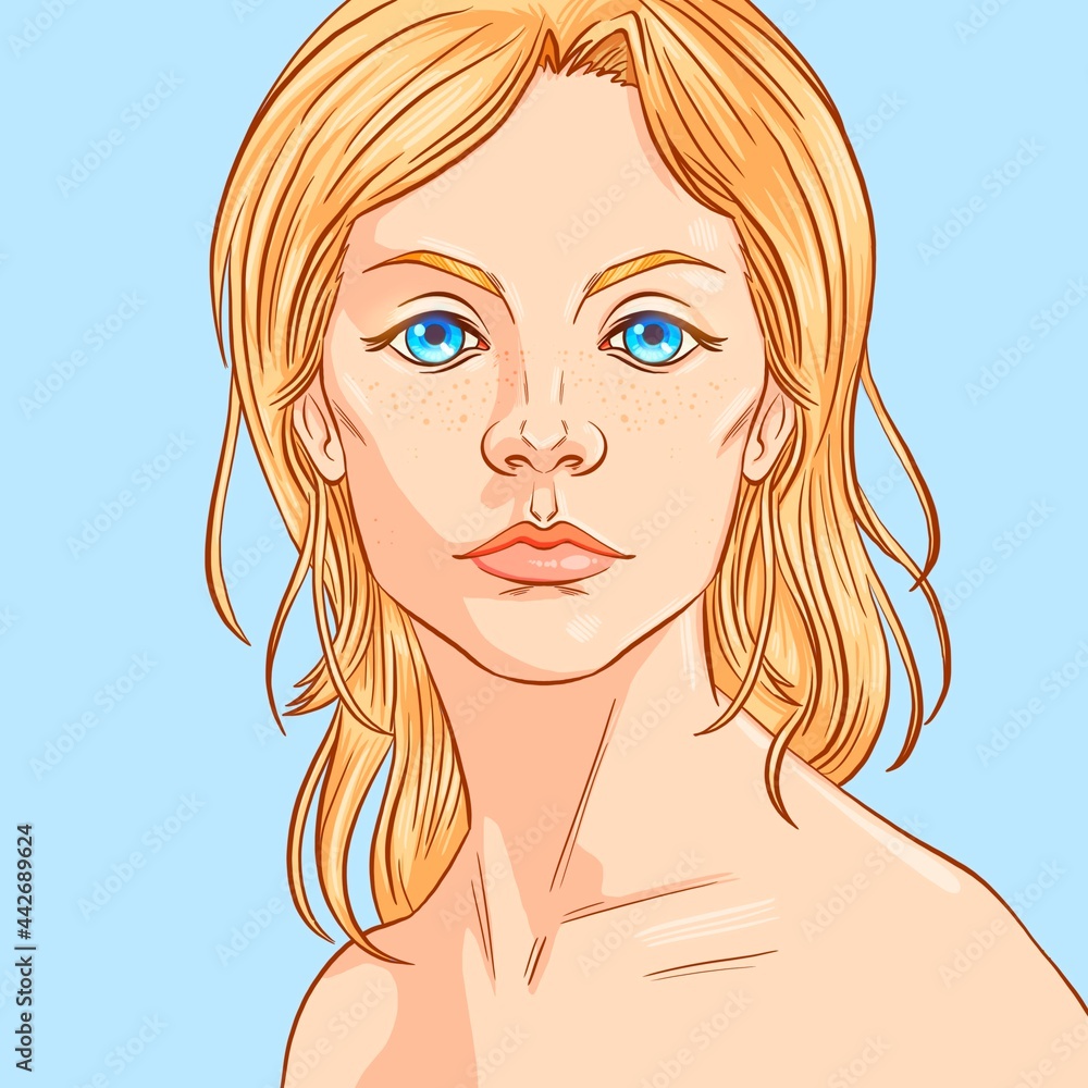 Illustrated portrait of a woman with blonde hair and big blue eyes. Illustrated portrait of a woman with blonde hair and big blue eyes.
