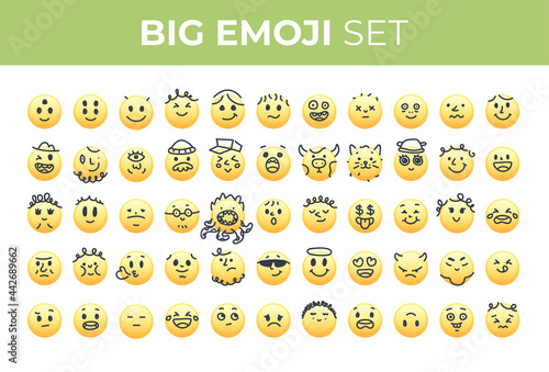 Emoji smiles emoticons set isolated. Yellow faces with different funny emotions. Simple doodle design icons. Chat elements. UI, UX for mobile app, social media or web. Flat style vector illustration.