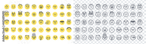 Emoji smiles emoticons set isolated. Yellow faces with different funny emotions. Simple doodle design icons. Chat elements. UI, UX for mobile app, social media or web. Flat style vector illustration.