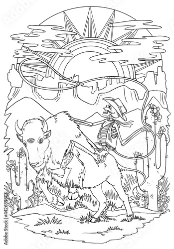 Western psychedelic style colouring page black and white.
