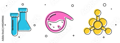 Set Test tube and flask chemical, Test tube and flask chemical and Bacteria icon. Vector