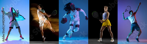 Collage of different professional sportsmen, fit people in action on color neon background. Flyer. © master1305