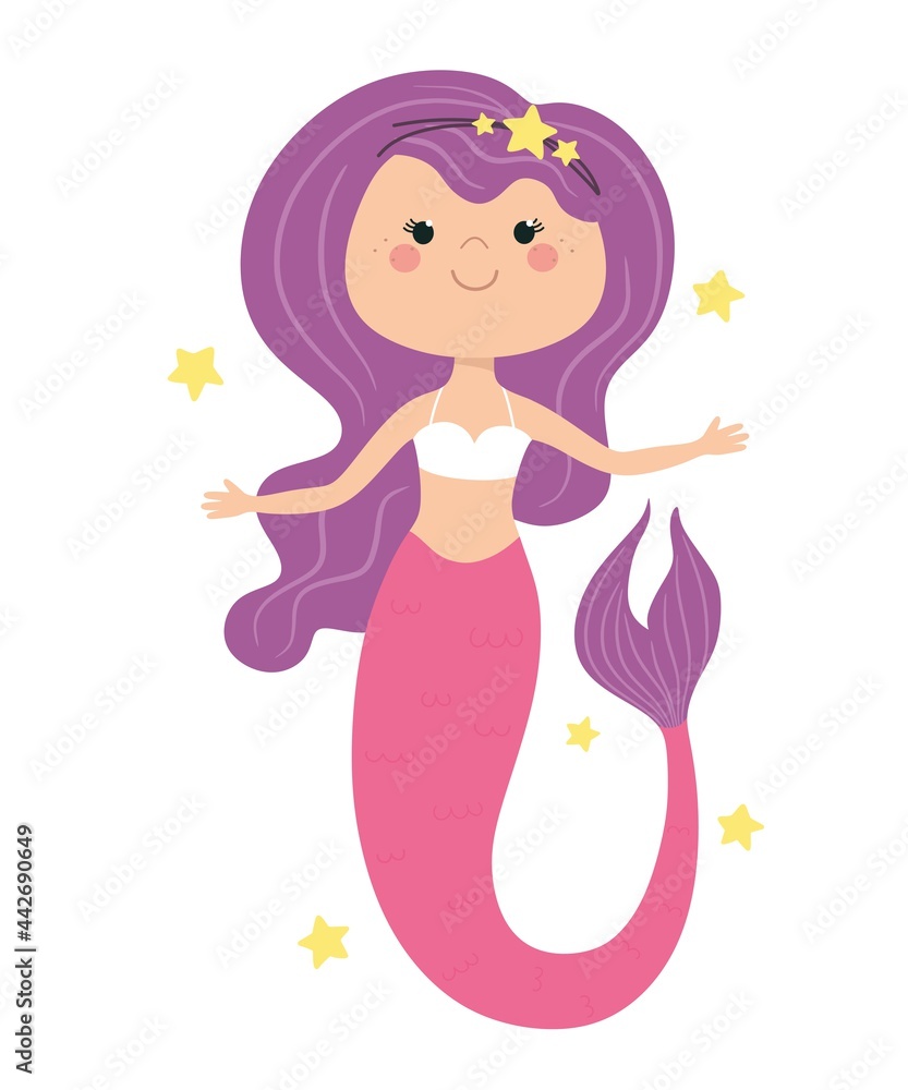 Cute mermaid in cartoon style. Children's illustration, print for clothes, sticker, poster. Vector. Cute mermaid in cartoon style. Children's illustration, print for clothes, sticker, poster. Vector.