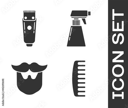 Set Hairbrush, Electrical hair clipper or shaver, Mustache and beard and Hairdresser pistol spray bottle icon. Vector
