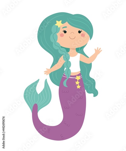 Cute mermaid in cartoon style. Children's illustration, print for clothes, sticker, poster. Vector.