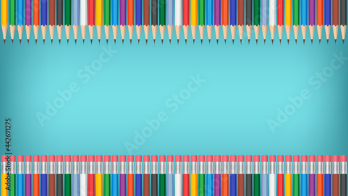 Colorful pencils frame on blue background, vector illustration design
