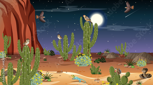 Desert forest landscape at night scene with desert animals and plants