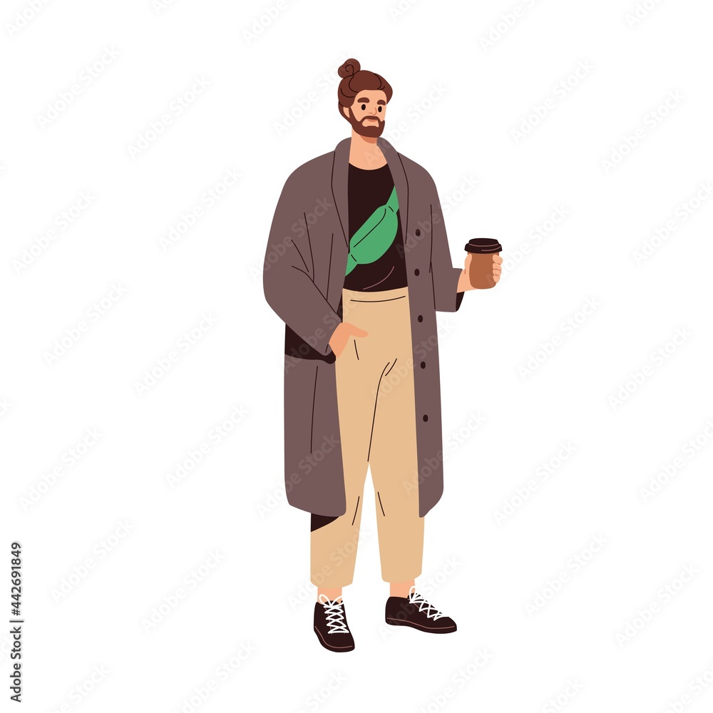 Modern man in fashion casual clothes. Bearded guy with waist bag, wearing trendy coat, pants and sneakers. Stylish and fashionable spring look. Colored flat vector illustration isolated on white Modern man in fashion casual clothes. Bearded guy with waist bag, wearing trendy coat, pants and sneakers. Stylish and fashionable spring look. Colored flat vector illustration isolated on white