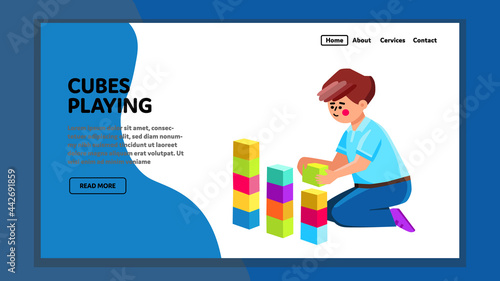 Cubes Playing Boy Builder In Kindergarten Vector. Preteen Kid Playing With Multicolor Blocks And Building Castle Or House. Character Play Engineer Game Web Flat Cartoon Illustration