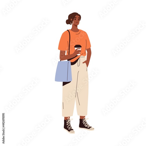 Woman wearing casual sports clothes. Sporty summer look with sneakers and t-shirt. Female in modern loose apparel with coffee cup in hand. Colored flat vector illustration isolated on white background