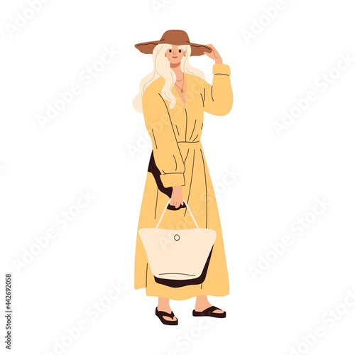 Modern woman wearing fashion summer clothes and bag. Blonde female in stylish maxi dress, flip flops and straw hat. Trendy casual look. Colored flat vector illustration isolated on white background