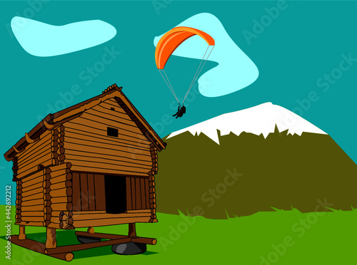 Cabane en bois et parapente en montagne, refuge, niche, poulailler