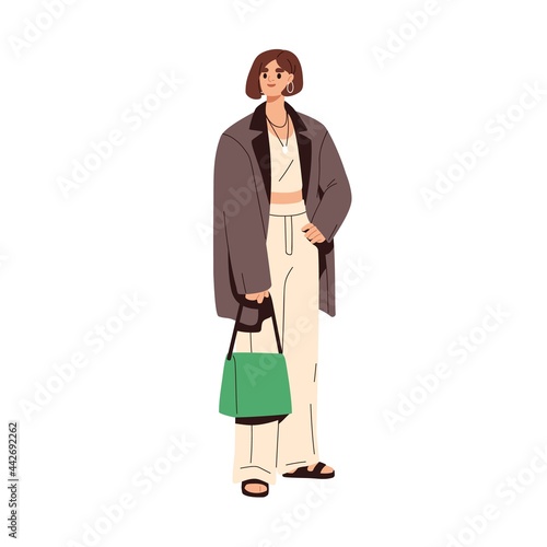 Woman wearing summer fashion clothes and accessories. Female in modern casual outfit. Model in trendy pants, crop top, loose blazer and sandals. Colored flat vector illustration isolated on white