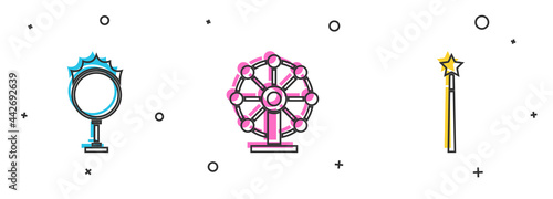 Set Circus fire hoop, Ferris wheel and Magic wand icon. Vector