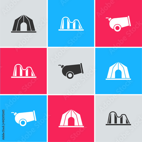 Set Circus tent, Roller coaster and Cannon icon. Vector