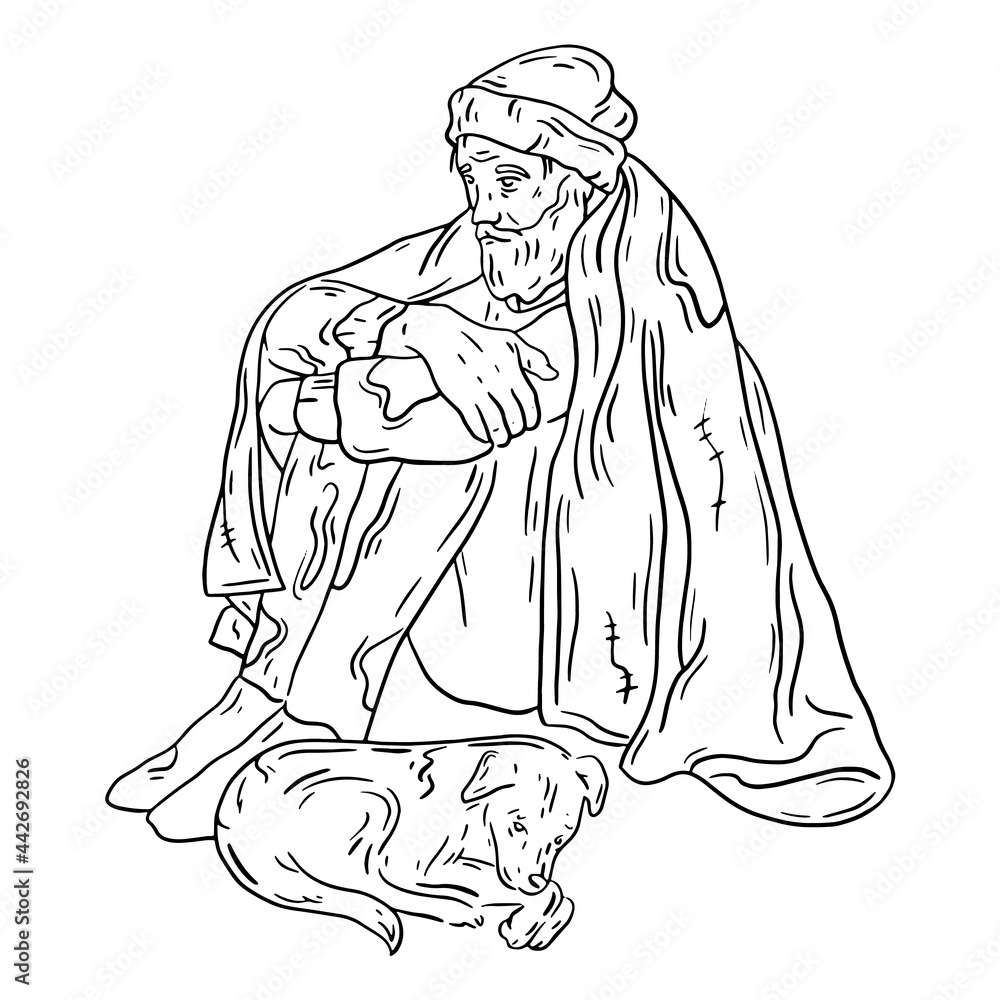 A homeless man, a poor tramp on the street sitting with the dog under the blanket. Vector linear illustration in Doodle sketch style.
