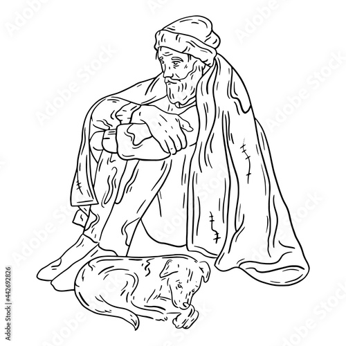 A homeless man, a poor tramp on the street sitting with the dog under the blanket. Vector linear illustration in Doodle sketch style.
