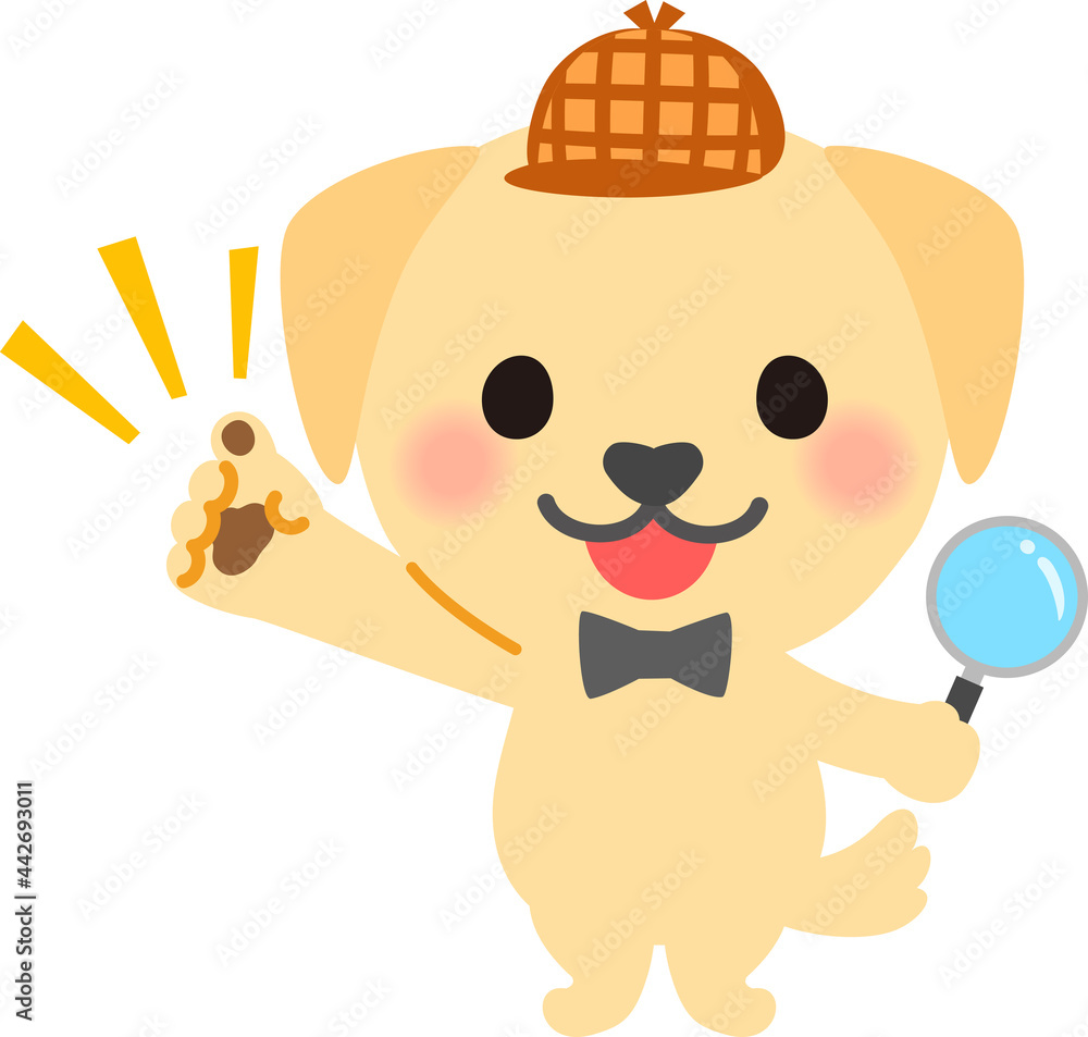 Obraz premium 斜め上を指さす犬の探偵のキャラクター