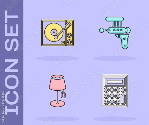 Set Calculator, Vinyl player, Floor lamp and Ray gun icon. Vector