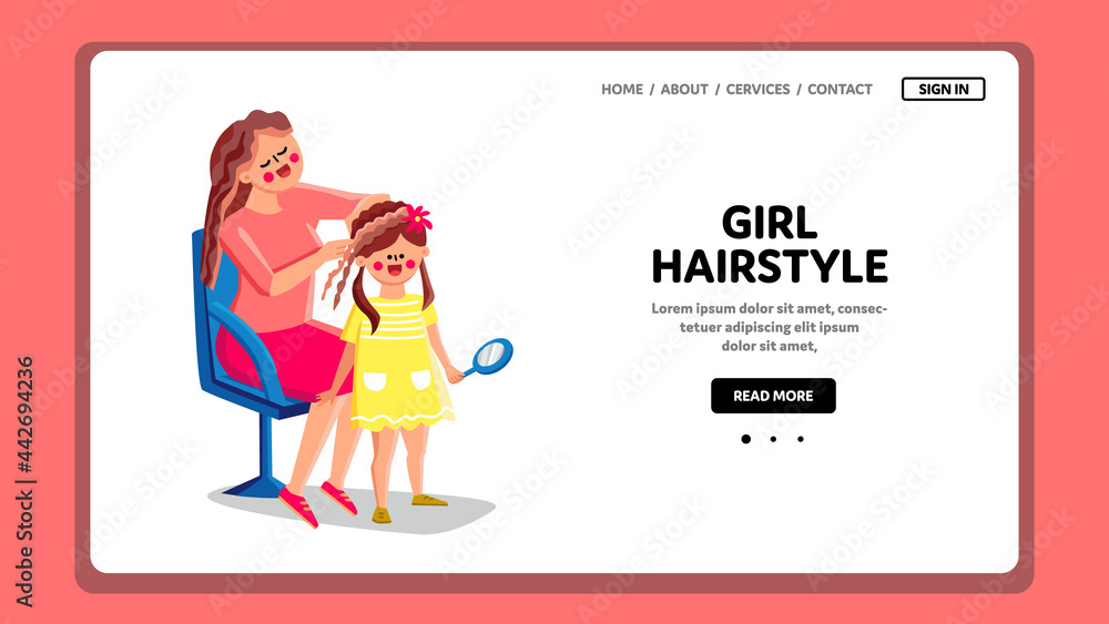 Girl Hairstyle Doing Mother For Daughter Vector. Happy Woman Hairdresser Making Attractive Girl Hairstyle For Children Party Or Birthday. Characters Beauty Treatment Web Flat Cartoon Illustration Girl Hairstyle Doing Mother For Daughter Vector. Happy Woman Hairdresser Making Attractive Girl Hairstyle For Children Party Or Birthday. Characters Beauty Treatment Web Flat Cartoon Illustration