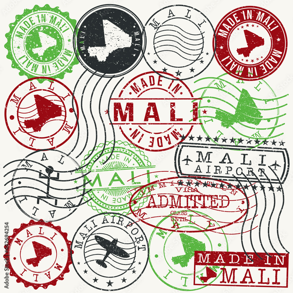 Mali Set of Stamps. Travel Passport Stamps. Made In Product Design Seals in Old Style Insignia. Icon Clip Art Vector Collection. Mali Set of Stamps. Travel Passport Stamps. Made In Product Design Seals in Old Style Insignia. Icon Clip Art Vector Collection.