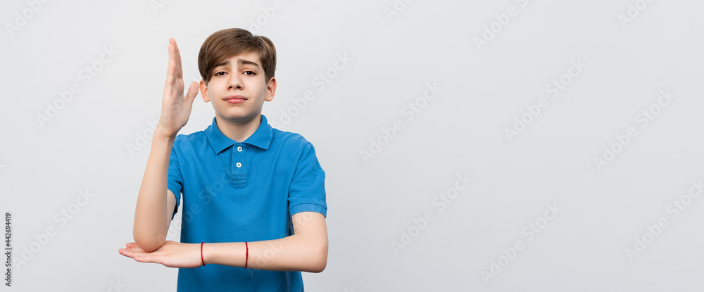 Intelligent teen boy raises his hand up to attract attention and answer a question, isolated on light gray background Intelligent teen boy raises his hand up to attract attention and answer a question, isolated on light gray background