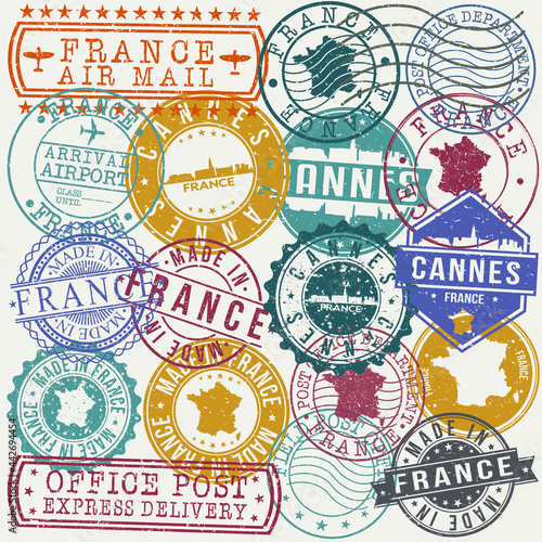 Cannes France Set of Stamps. Travel Stamp. Made In Product. Design Seals Old Style Insignia.