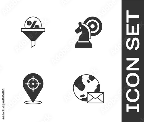 Set Earth globe with mail, Lead management, Target and Chess icon. Vector
