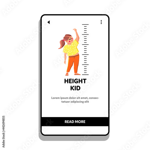 Height Kid Measurement Growth Scale On Wall Vector. Measuring Height Kid Girl In Kindergarten With Drawn Markers. Funny Cheerful Character Preteen Child Web Flat Cartoon Illustration