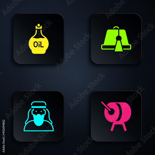 Set Ramadan drum, Essential oil bottle, Muslim man and Turkish hat. Black square button. Vector