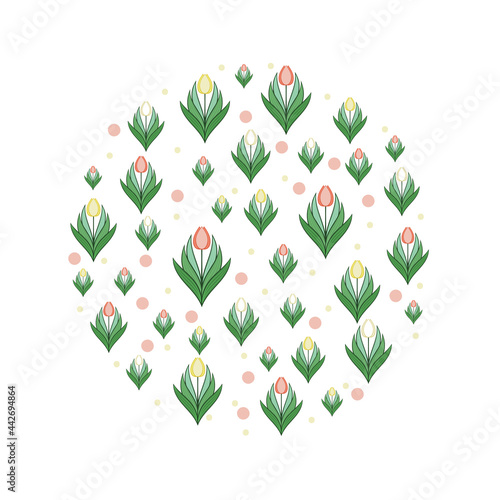 Composition with flowers and leaves of tulips in a circle. Layout with place for text. Modern design for advertising. Vector illustration