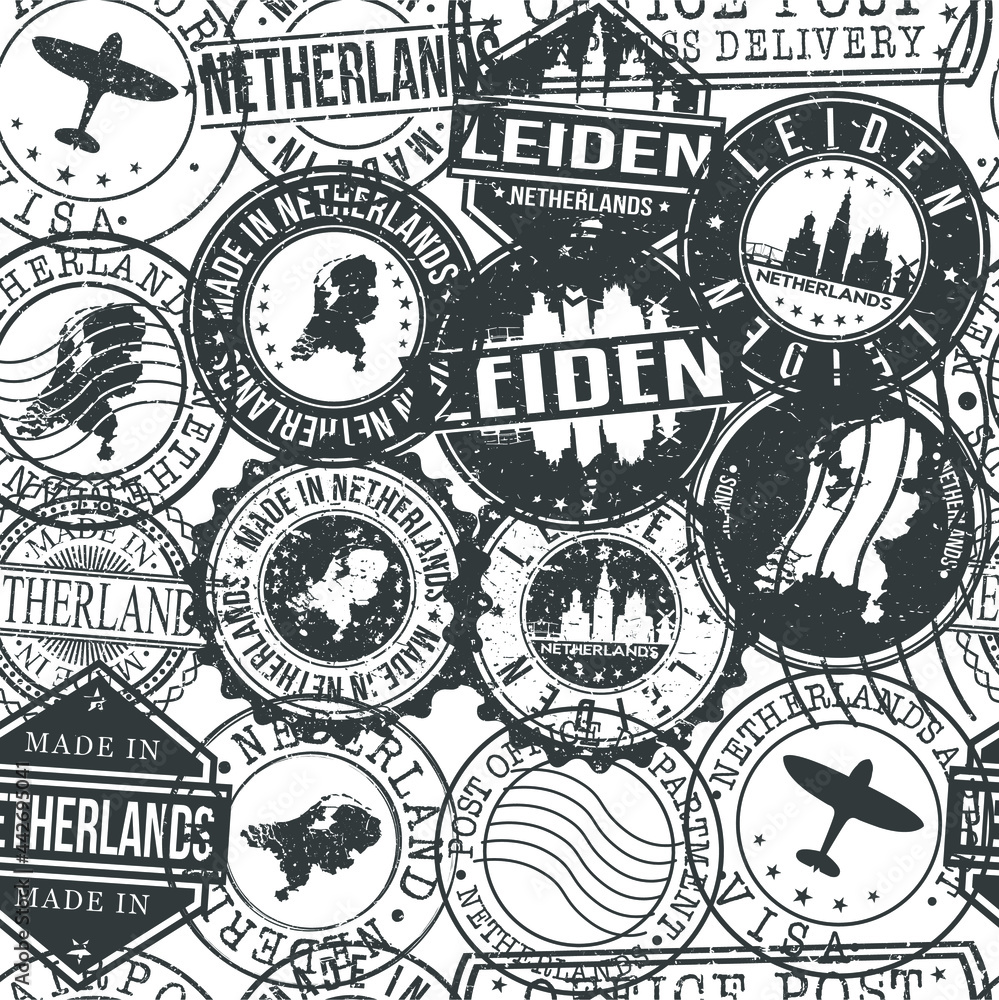 Leiden Netherlands Stamps Background. A City Stamp Vector Art. Set of Postal Passport Travel. Design Set Pattern.