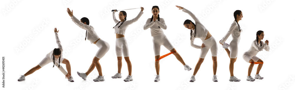 Sport collage of young fit woman in action and motion over white studio background. Flyer. Concept of fitness, healthy lifestyle and beautiful body
