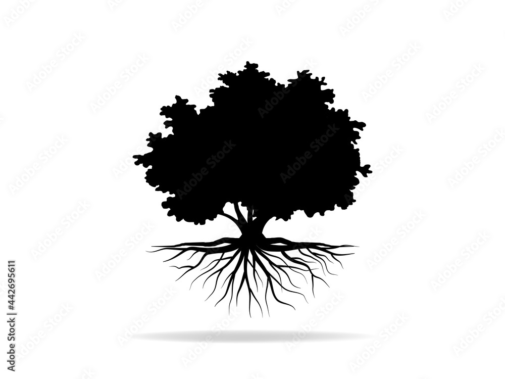 Black Trees and root with leaves look beautiful and refreshing. Tree and roots LOGO style. Black Trees and root with leaves look beautiful and refreshing. Tree and roots LOGO style.