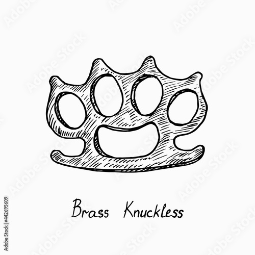 Brass Knuckless, woodcut style ink drawing illustration with inscription