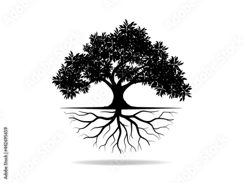 Black Trees and root with leaves look beautiful and refreshing. Tree and roots LOGO style.