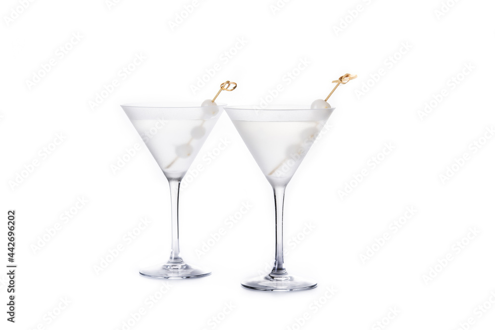 Gibson martini cocktail with onions isolated on white background