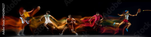 Sportsmen playing basketball, tennis, soccer footbal, volleyball on black background in mixed light.