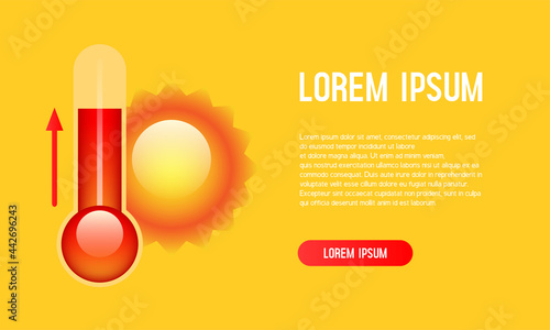 Summer banner to illustrate weather conditions: heat and high temperature. Thermometer and sun. Vector illustration.