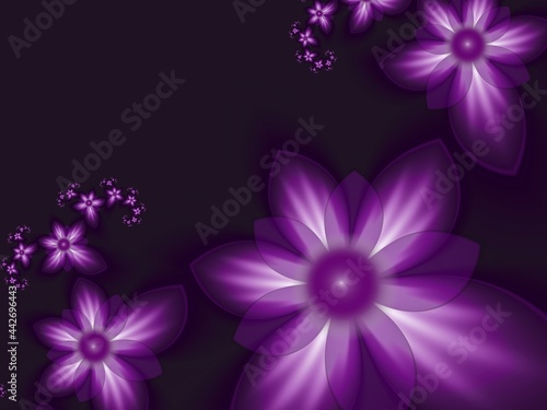 Fractal image with flowers on dark background.Template with place for inserting your text.Multicolor flowers. Fractal art as background. © valin1